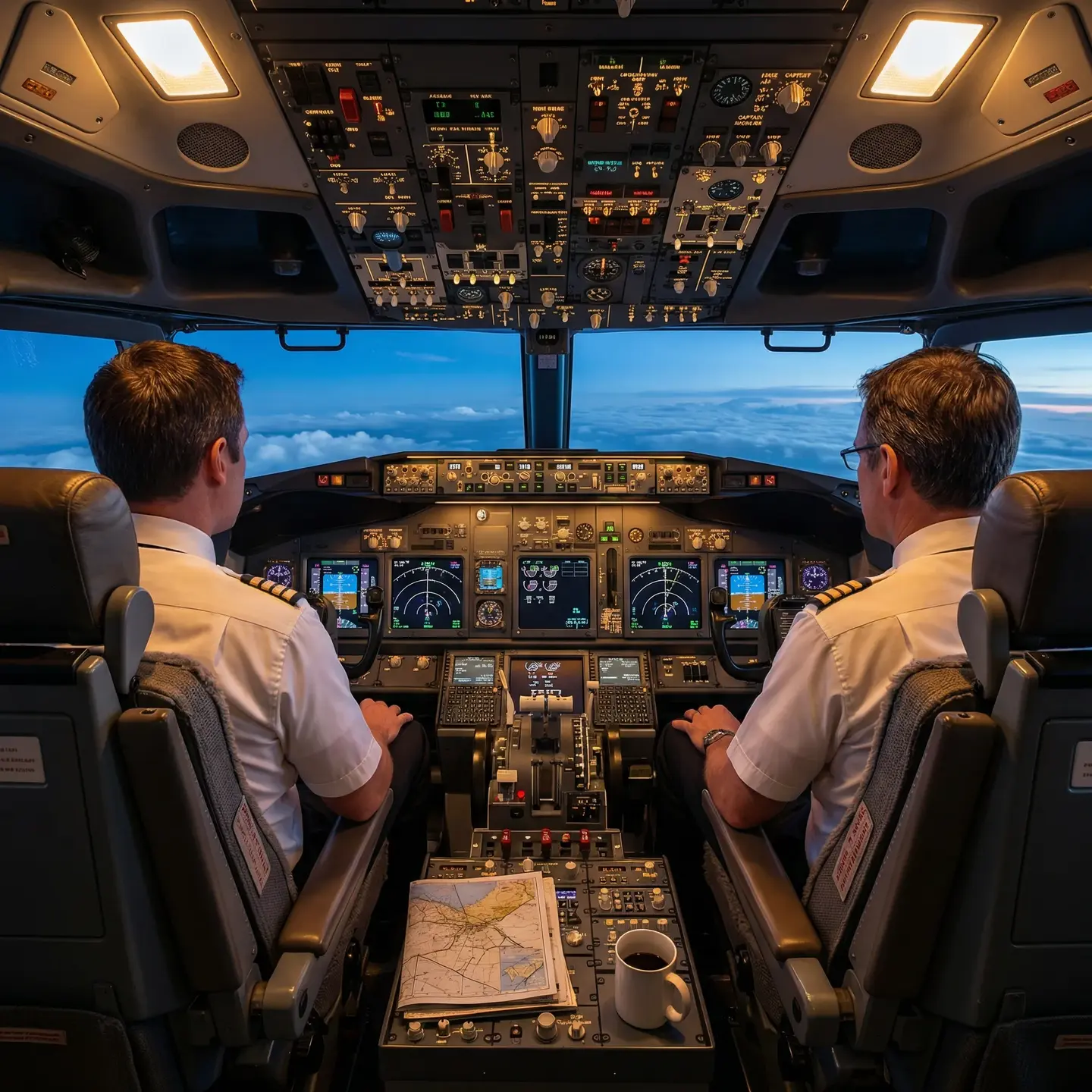 Commercial airplane cockpit at cruising altitude