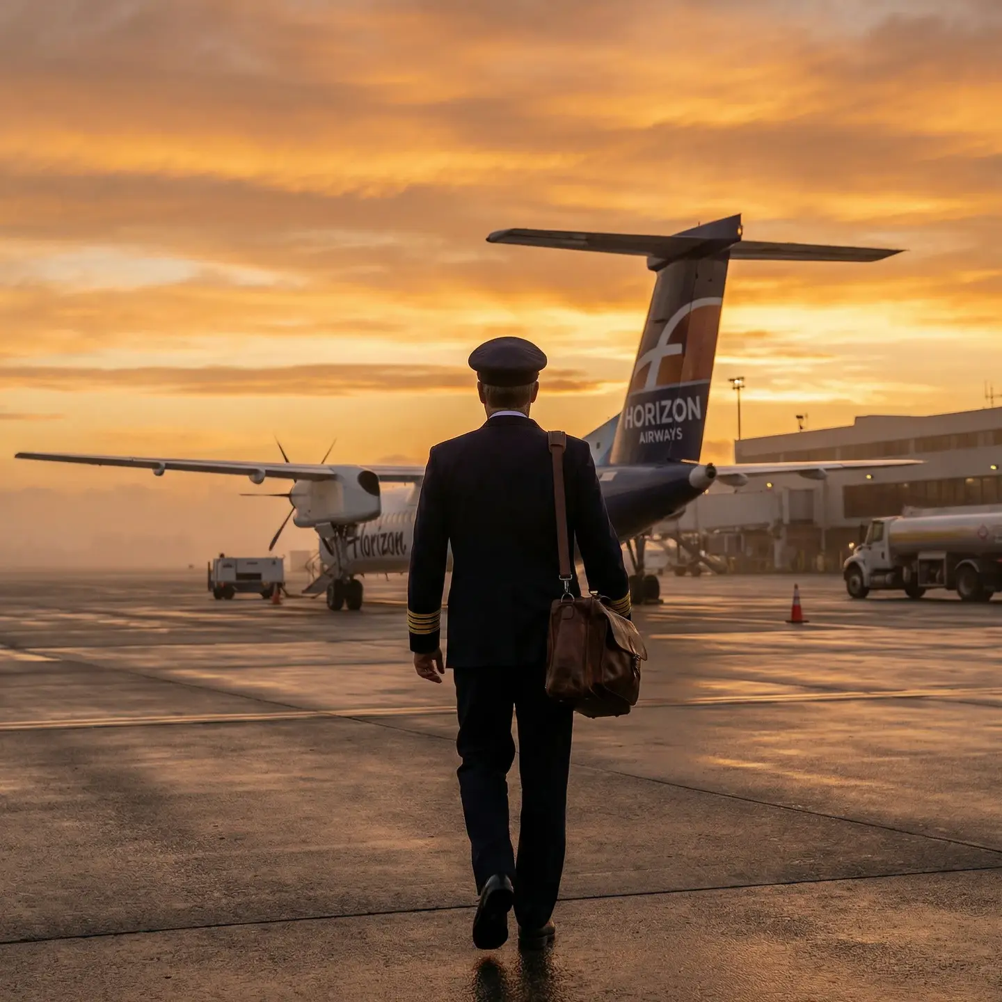 Commercial pilot at airport during sunrise