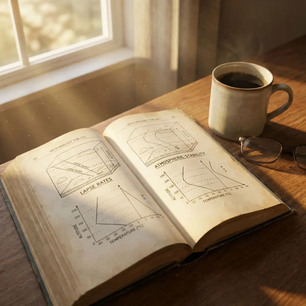 An open book on a wooden table displays diagrams about meteorology, including 'Lapse Rates' and 'Atmospheric Stability,' with graphs plotting altitude against temperature. A steaming cup of coffee and a pair of glasses are nearby, while sunlight streams through a window, casting a warm and inviting glow over the scene.