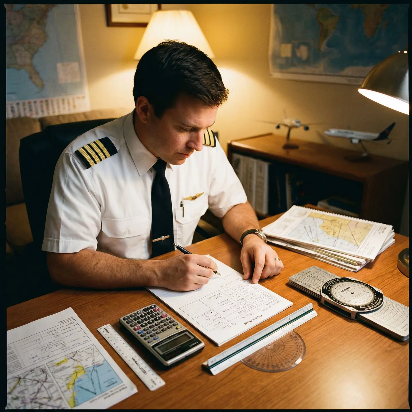 Flight plan calculations on pilot desk