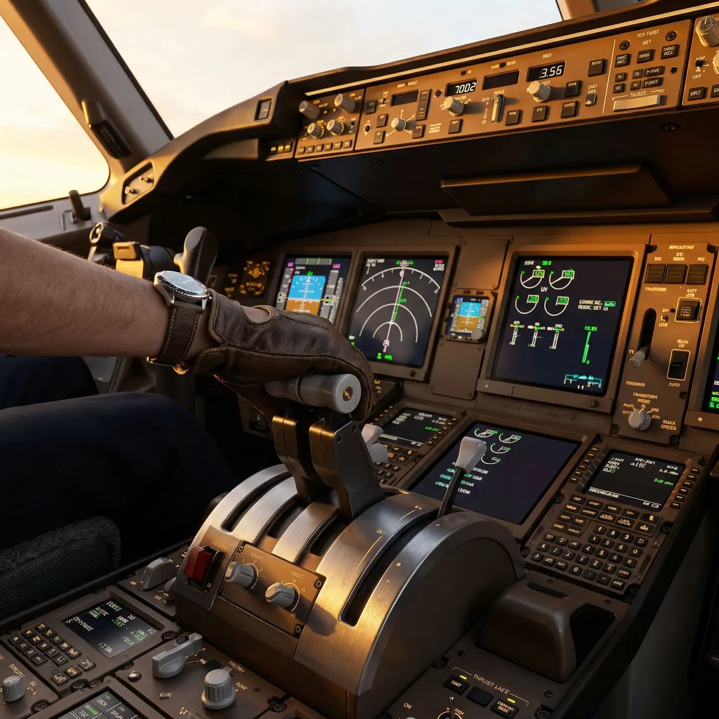 Pilot adjusting throttle in cockpit