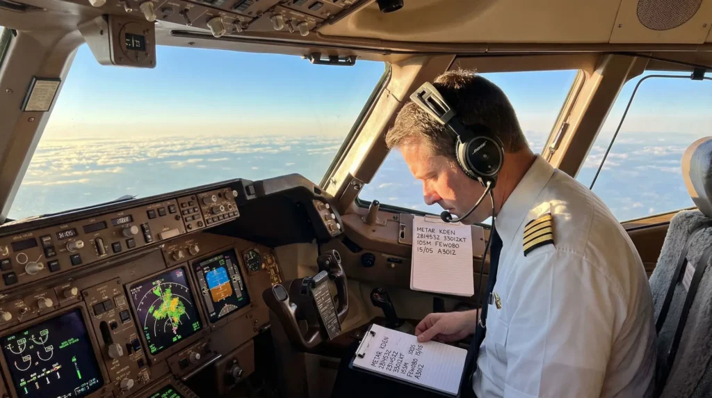 An airplane cockpit with a pilot concentrating on a notepad. The cockpit's instrument panels show various flight data, and through the cockpit windows, the sky and clouds below are visible, indicating the plane is in flight. The pilot, wearing a headset and a uniform with shoulder stripes, signifies their rank.