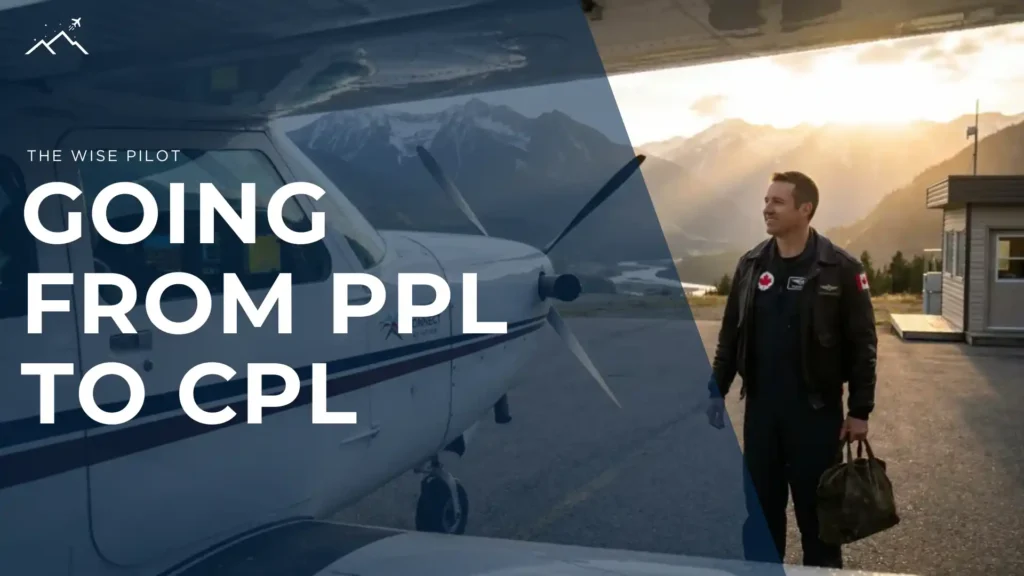 Pilot standing beside a small aircraft at sunset representing the transition from Private Pilot Licence (PPL) to Commercial Pilot Licence (CPL) in Canada