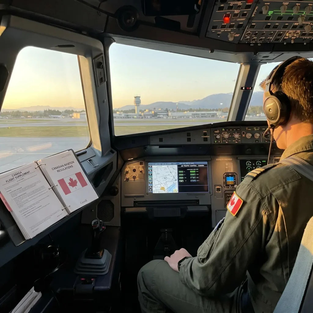 The cockpit of an aircraft with a pilot wearing a headset seated at the controls. The cockpit contains various instruments, screens, and controls, with a document titled 'Canadian Aviation Regulations' open on the left side. Outside the cockpit window, an airport runway, a control tower in the distance, and mountains in the background are visible.