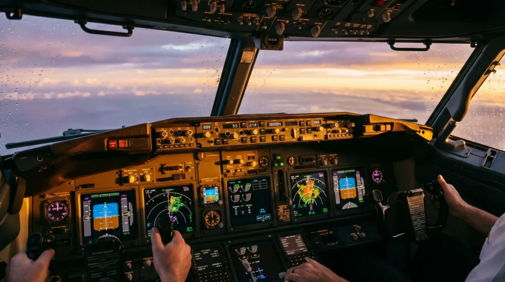 The interior of an aircraft cockpit with two pilots surrounded by various controls, instruments, and screens showing flight data. Through the cockpit window, a scenic view of a sunrise or sunset above the clouds can be seen, with signs of rain or moisture on the windows.