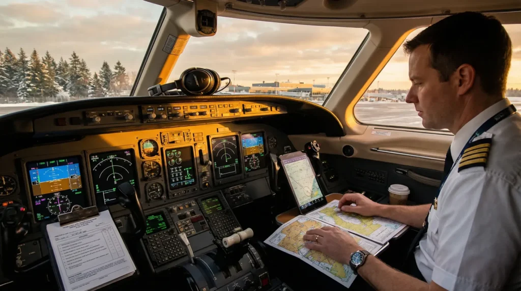 The cockpit of an aircraft with a seated pilot wearing a uniform featuring shoulder stripes. The cockpit contains various instruments, controls, and screens displaying flight information. The pilot is holding a map or chart, and a tablet is mounted on a holder. Outside the cockpit windows, an airport and trees are visible.