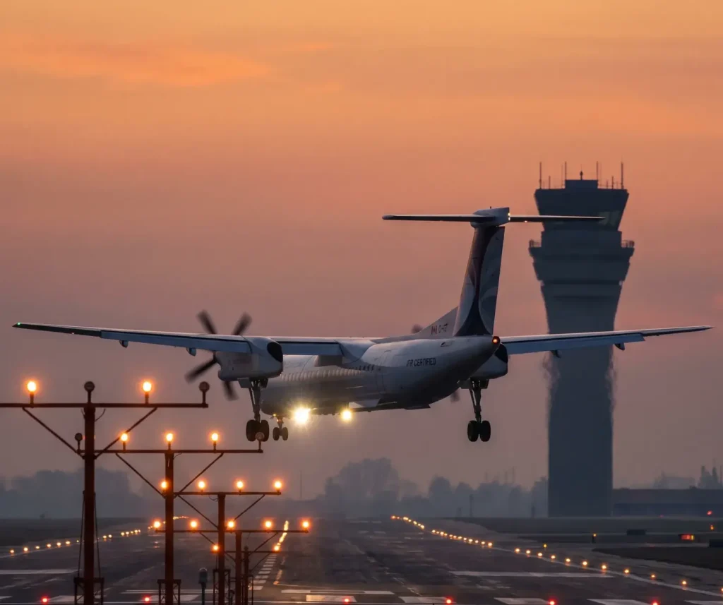 A propeller airplane is shown landing on a runway at an airport during either sunrise or sunset, with the sky glowing an orange hue. The runway is lit with lights, a sign marked 'TOUCHDOWN ZONE' is visible in the foreground, and a control tower stands in the background.