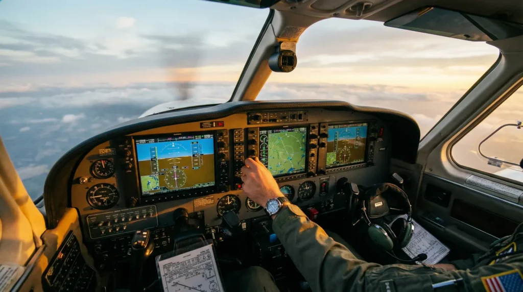 The cockpit of a small aircraft in flight, featuring digital flight instruments on the dashboard displaying navigation and flight data. A pilot is operating the controls. Through the cockpit windows, clouds and a colorful sky during sunset or sunrise are visible.