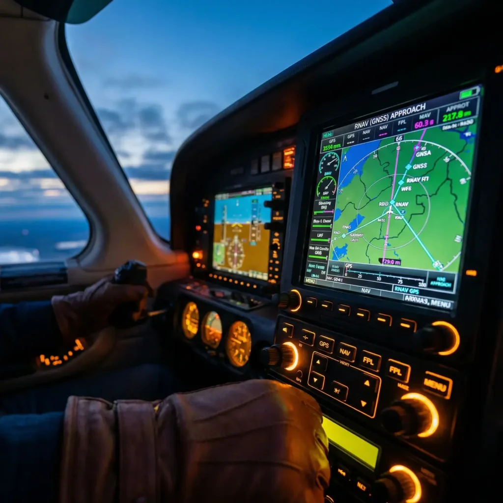 The cockpit of an aircraft with illuminated flight instruments and navigational displays showing maps and flight data. A gloved person is operating the controls, and the window view reveals a sky with clouds, indicating the aircraft is in flight.