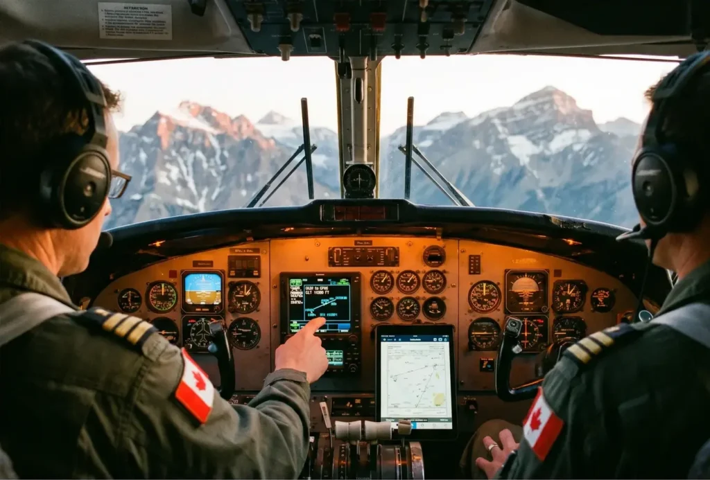 Two pilots in an airplane cockpit operating the controls, surrounded by various instruments and screens. They are wearing headsets and have patches with a Canadian flag on their sleeves. Snow-capped mountains are visible through the cockpit windshield.